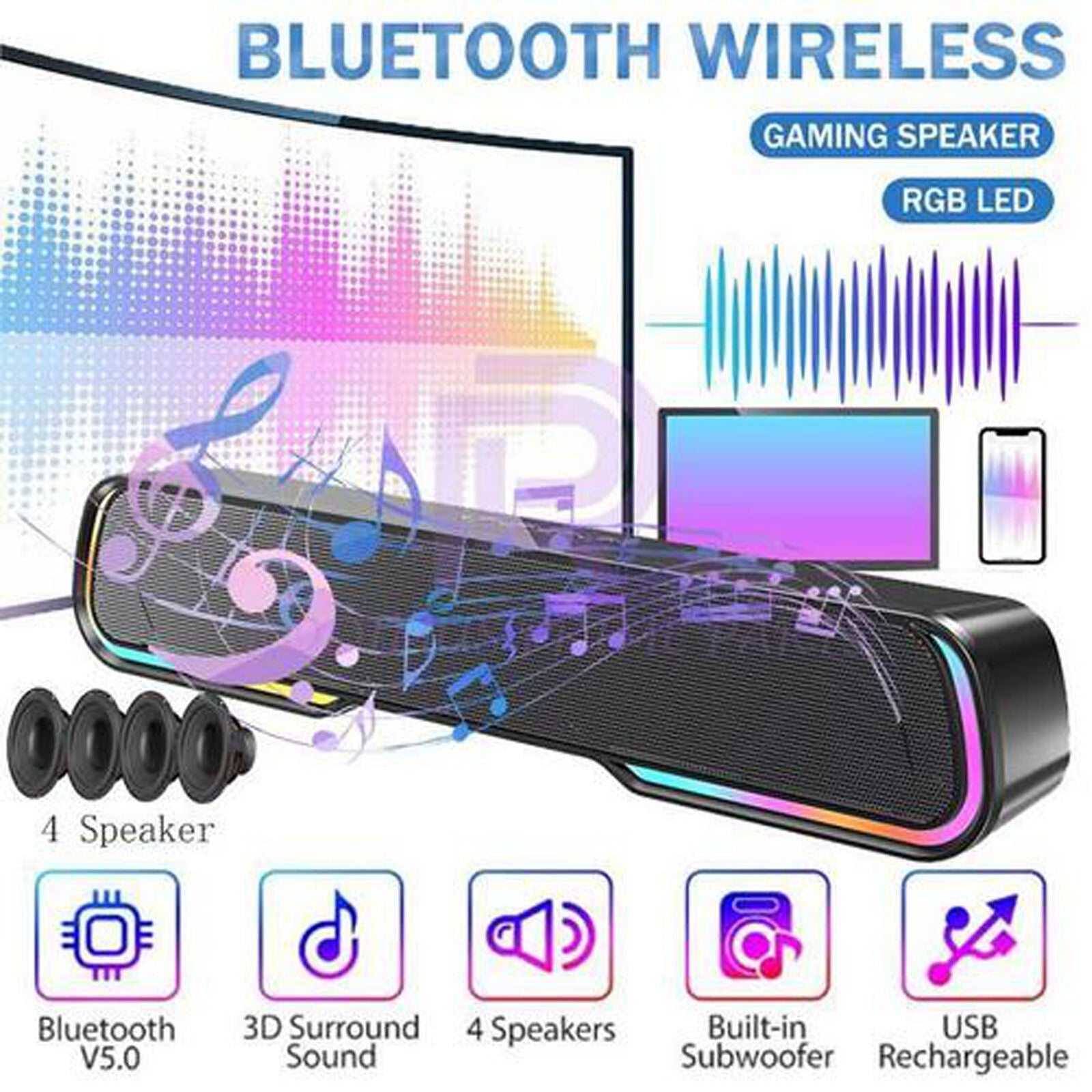 Surround Sound Bar 4 Speaker System Wireless BT Subwoofer TV Home Theater