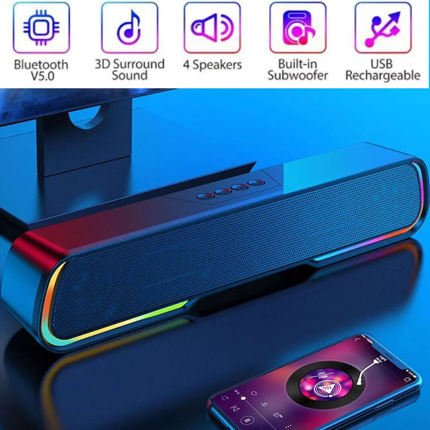Surround Sound Bar 4 Speaker System Wireless BT Subwoofer TV Home Theater